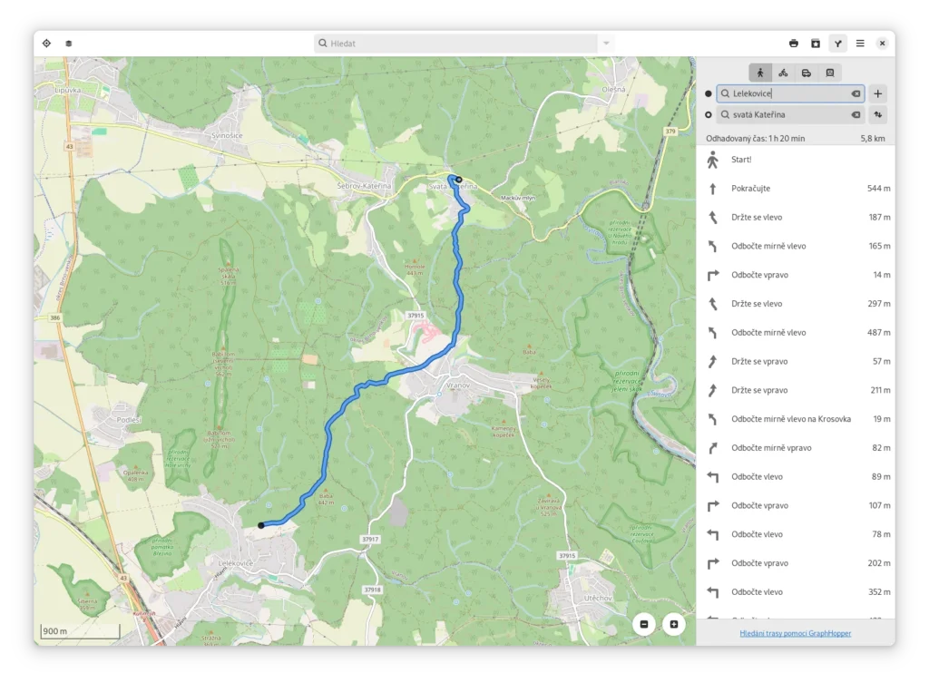 Screenshot okna GNOME Maps